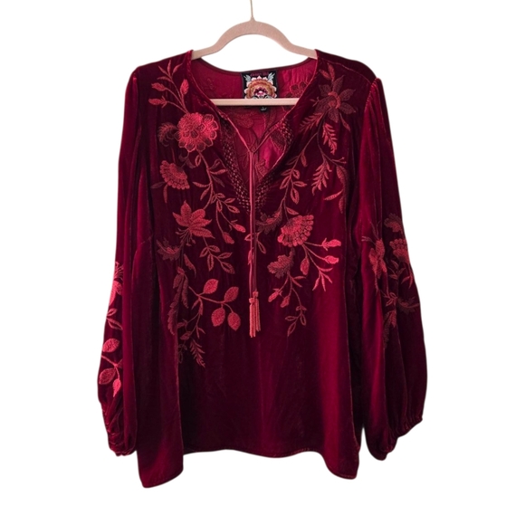 Johnny Was Embroidered Red Velvet Tassel Tie Front Peasant Style Tunic Large - Picture 2 of 8